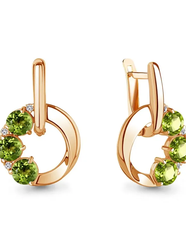 Earrings silver 925 gold plated with natural chrysolite and cubic zirconia