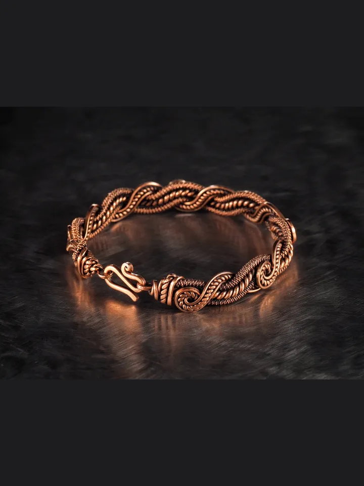 Wire wrapped bracelet, Unique 7th 22nd Anniversary gift idea, Art Nouveau antique style, One of kind braided statement bangle, Handmade oxidized pure copper jewelry, Pain relief, EMF protection