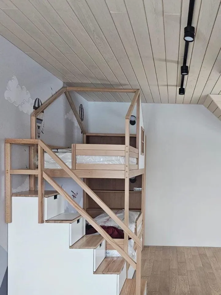 Bunk bed house made of solid beech wood with ladder and chest of drawers