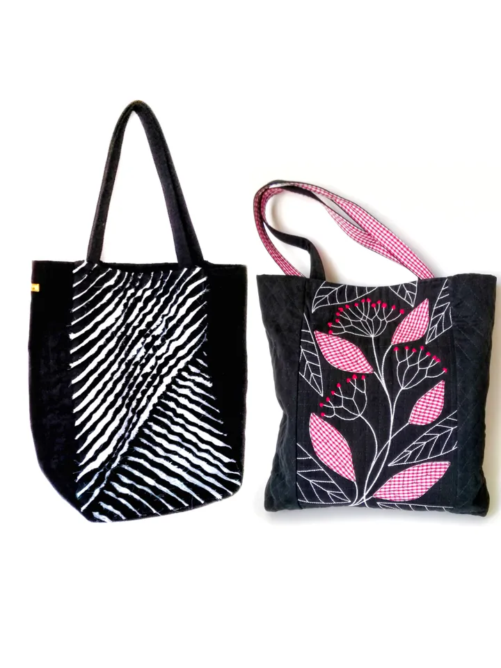 Handmade Black Tote Bags for Women: Large Fabric Unique Embroidered Boho Style Bags - Design and Quality Craftsmanship. FREE SHIPPING!