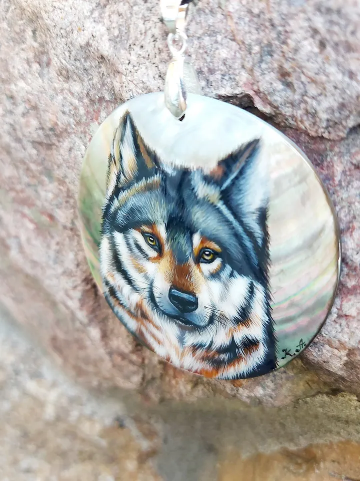 Pearl pendant necklace: Wild Wolf painted on dainty jewelry pendant. Statement unisex necklace for nature lovers. Stylish wilderness spirit