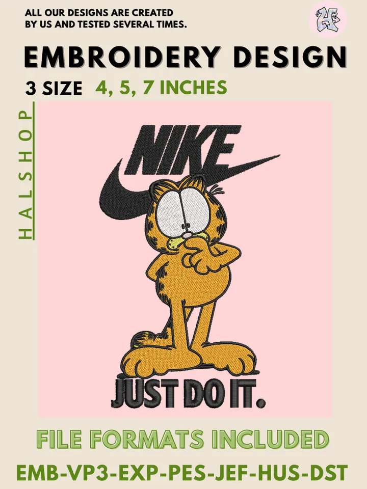 Garfield x Nike Machine Embroidery Design – Funny Cat Cartoon Digital Embroidery File 🐱