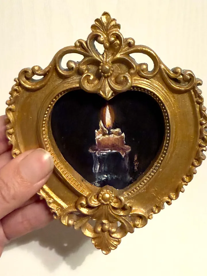 Candle Oil Painting Original In Vintage Style Frame Small Framed Still Life Art Victorian Wall Decor