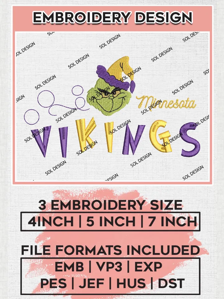 Christmas Grinch Minnesota Vikings Embroidery Designs, Grinch Embroidery Files, NFL Vikings Machine Embroidery Designs, NFL Minnesota Vikings Logo, NFL Christmas Machine Embroidery Design, Digital Download
