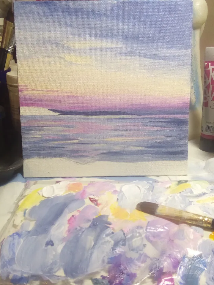 Painting Sunset on the sea, Pink sunset, Landscape acrylic, Painting with sunset, Seascape