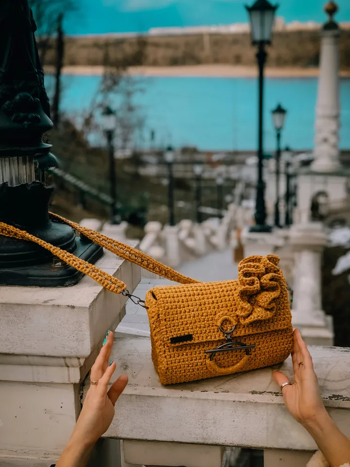 Mustard crossbody with ruffles, crochet bag, handmade luxury handbag, clutch, shoulder bag, accessories for gift, cotton cord