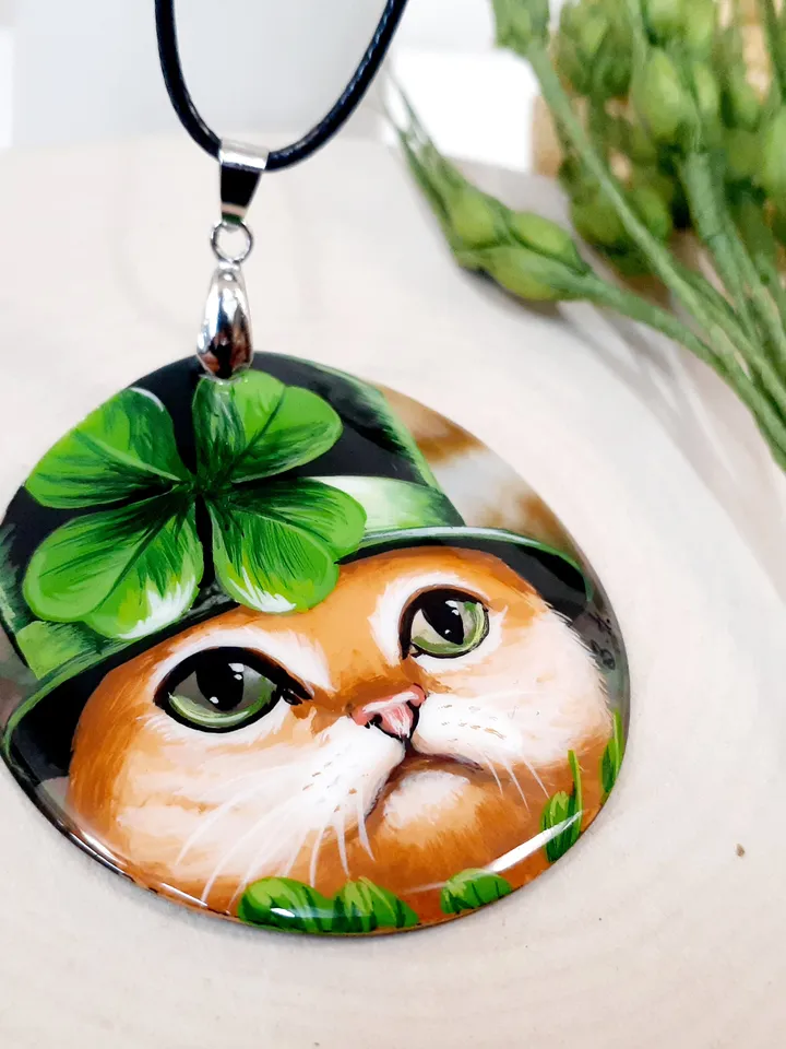 Pearl pendant necklace: Red Cat in the Hat. St Patrick's Day jewelry handmade for luck. Cute funny pendant with cat. Elegant dainty pendant
