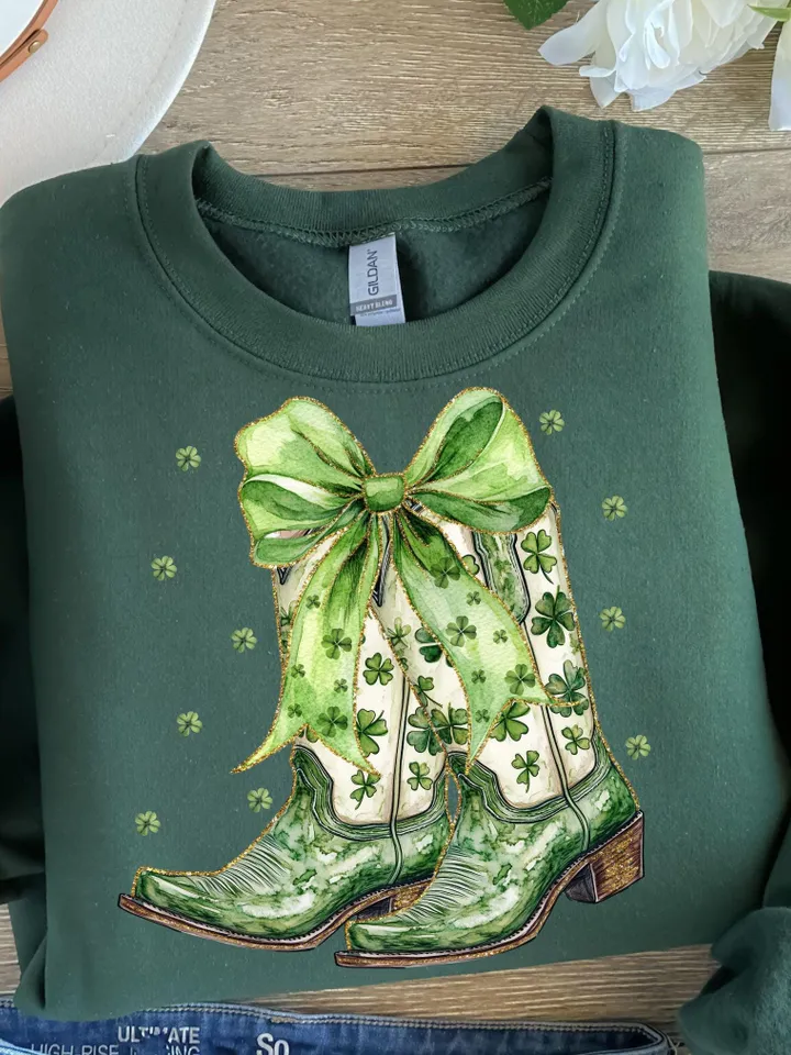 St. Patricks Day PNG Western Coastal Cowgirl PNG Clipart, Green Coquette Bow Cowboy Boots png Gold Glitter Shamrock Four Leaf Clover Design