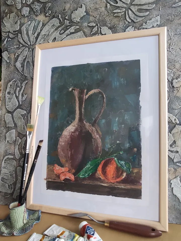 Jug with tangerines still life oil oil paper palette knife