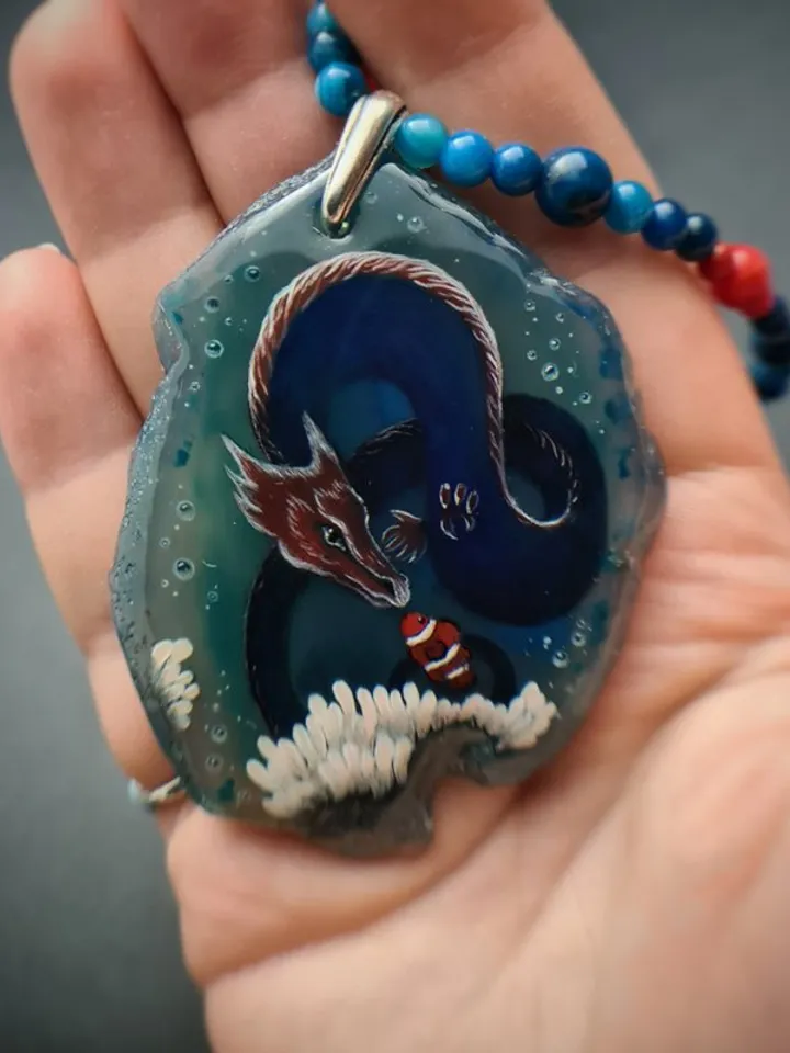 Dragon necklace Painting Agate Stone Dragon charm Christmas Gift Wrapping