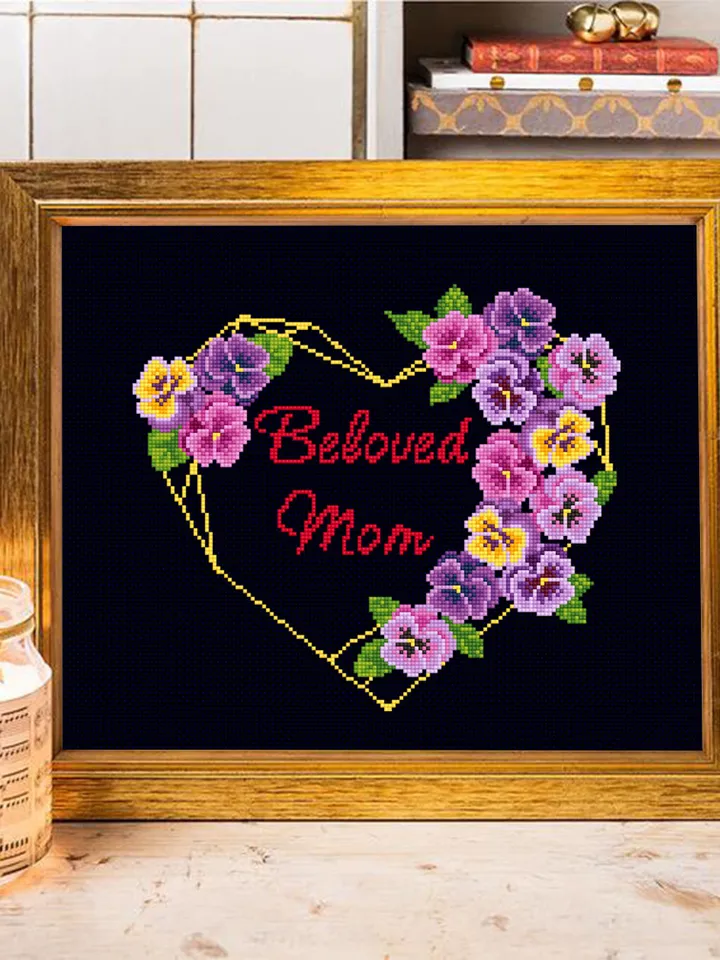Floral heart frame cross stitch pattern PDF download Beloved Mom cross stitch chart, Violets flowers cross stitch, DIY gift for mother #Q28