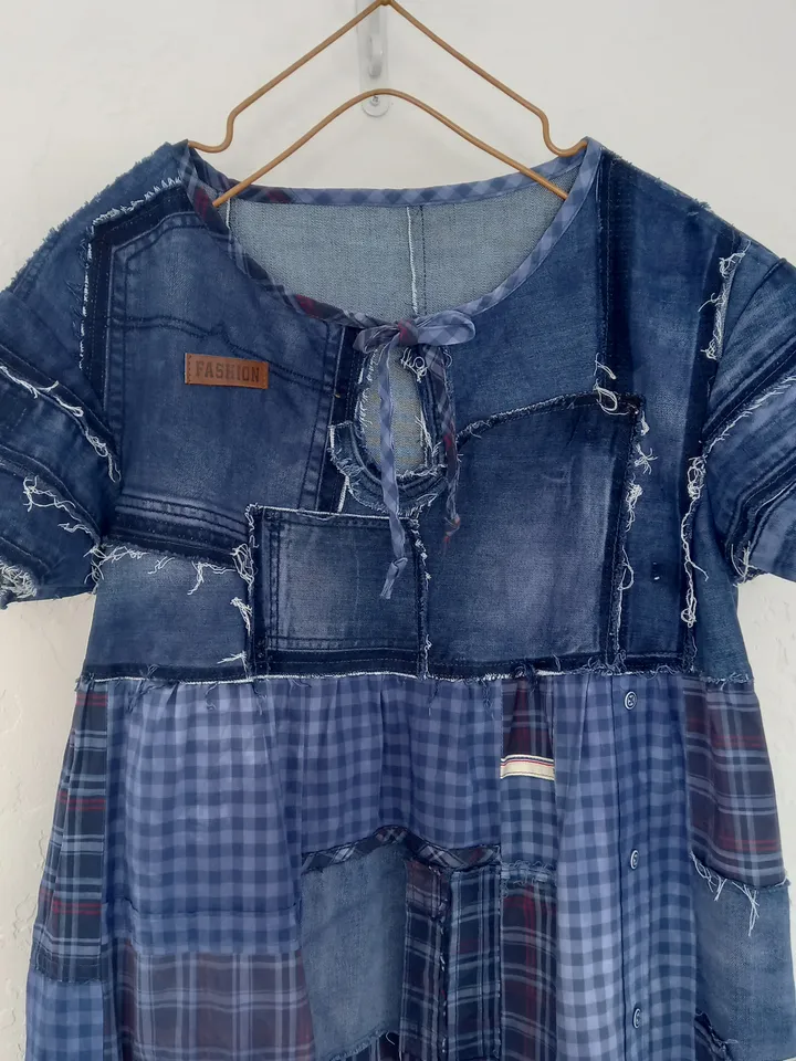 Boho style denim dress by recycled jeans and shirts