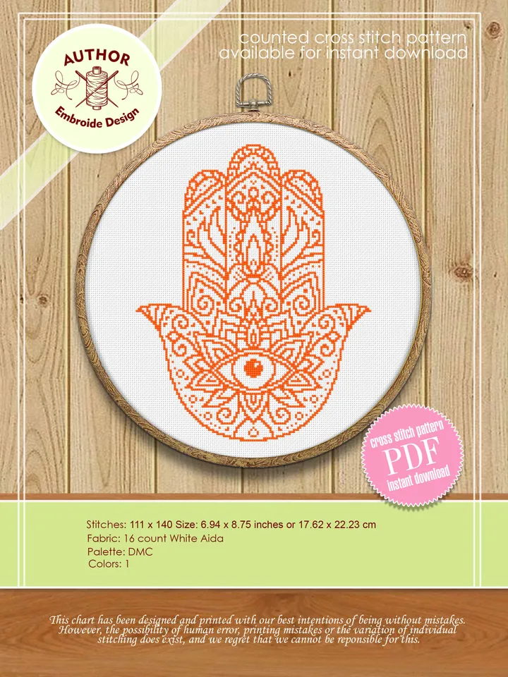 Hamsa hand cross stitch pattern download PDF, Monochrome mandala pattern, Hand of Fatima cross stitch, Evil eye hamsa beginner stitch #M83