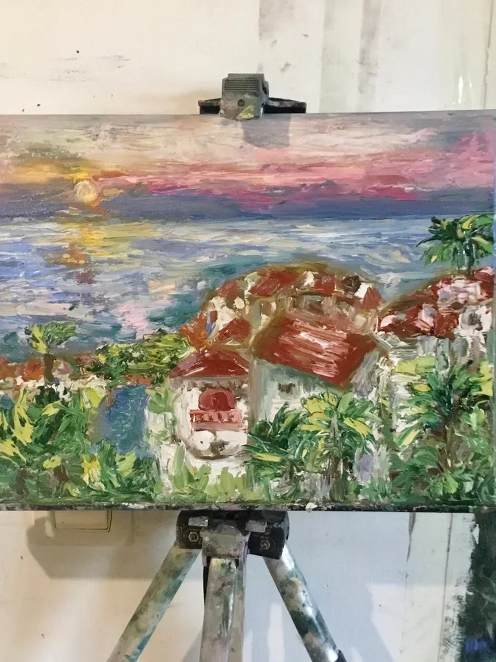 Canarian islands landscape painting,original oil impasto style canvas painting,seascape wall art,beautiful sunset painting