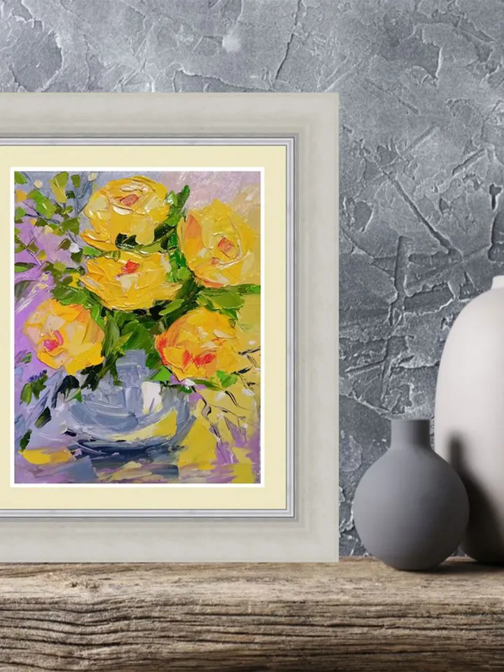 Roses Yellow Painting Original Art Impasto Oil Painting on Cardboard