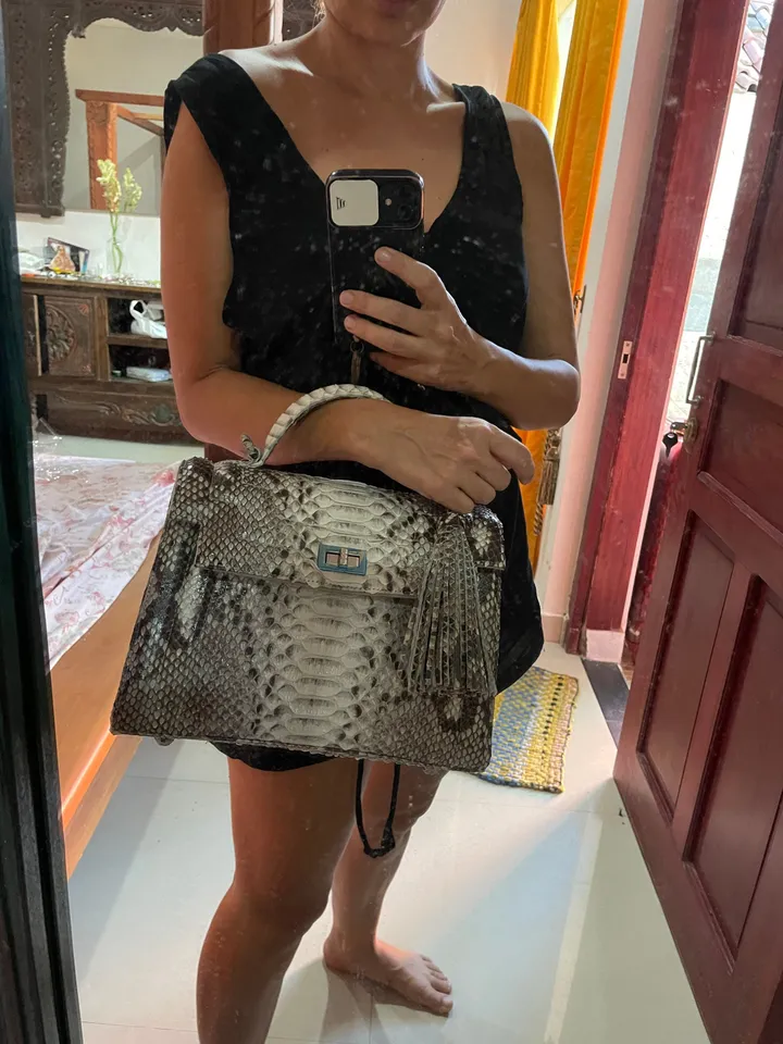 Top handle grey classy genuine python skin stitched bag | exotic leather bags | Elegant women purse | snake skin bag | designer leather bag