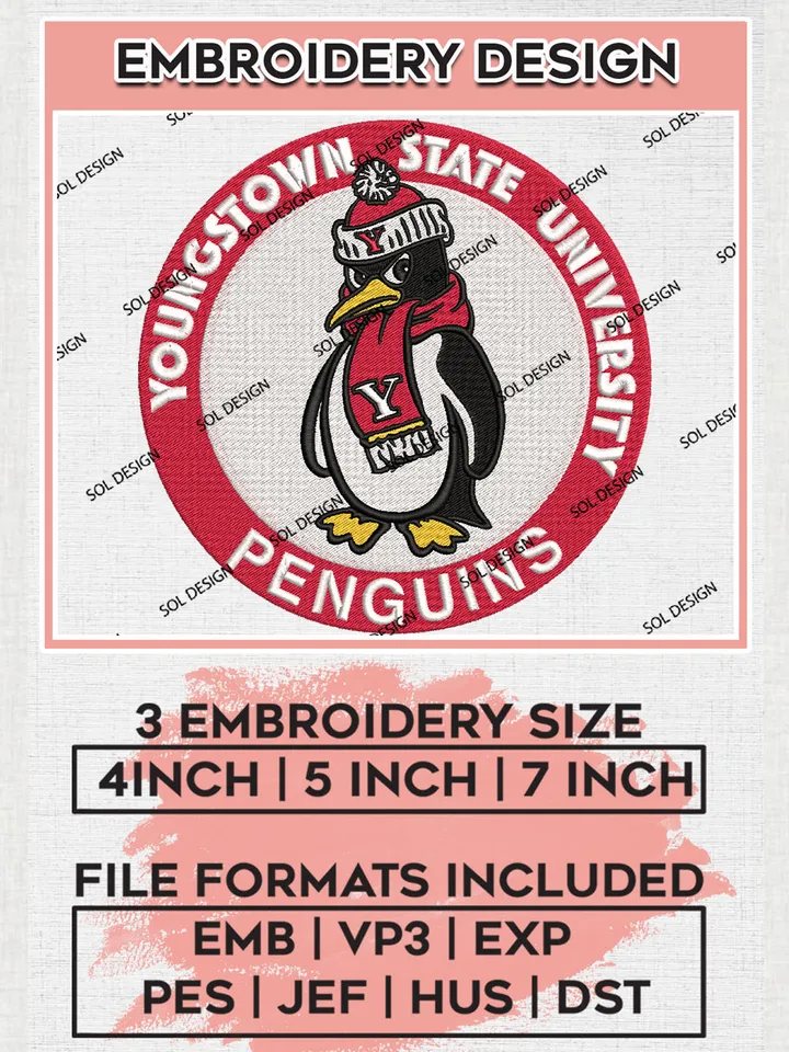 NCAA Youngstown State Penguins Football Team Round Logo Embroidery Design Files, NCAA Youngstown State Penguins Machine Embroidery, NCAA Teams, Game Day, 3 sizes, NCAA Machine embroidery designs, Digital Download