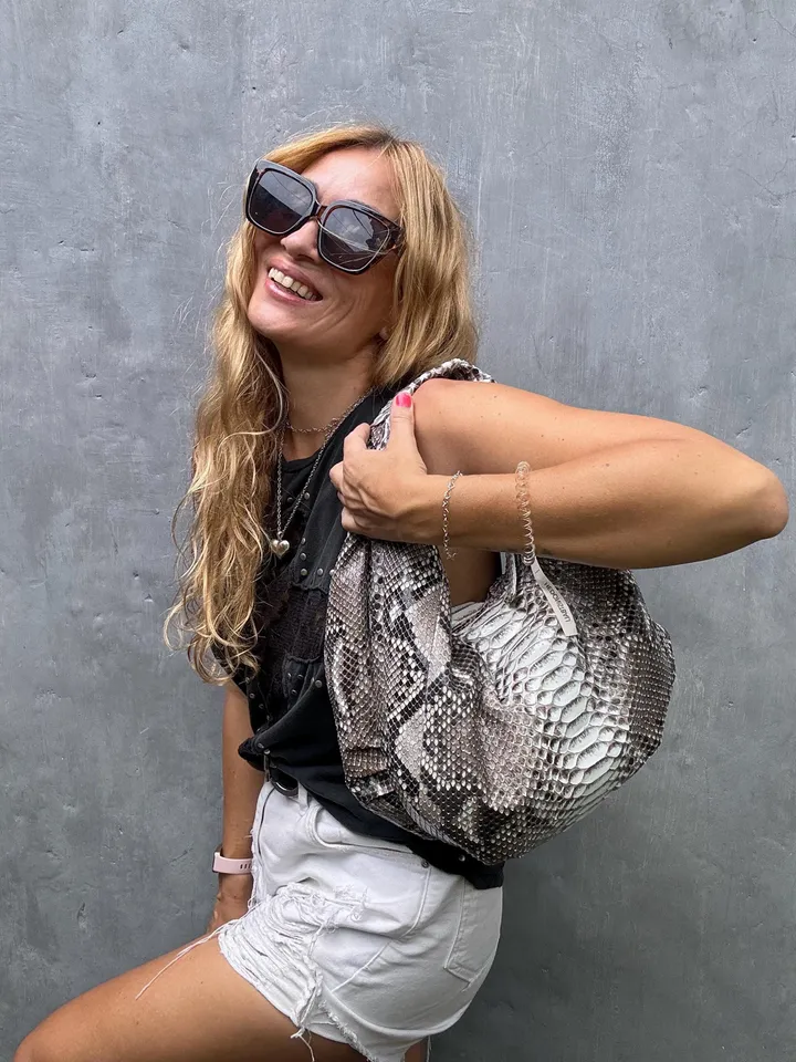 Medium Soft Hobo Classy Sport Woman Bag | Purse Genuine Python Skin | Reptile Skin Products | Gray Elegant Leather Designer Soft Bag Snake