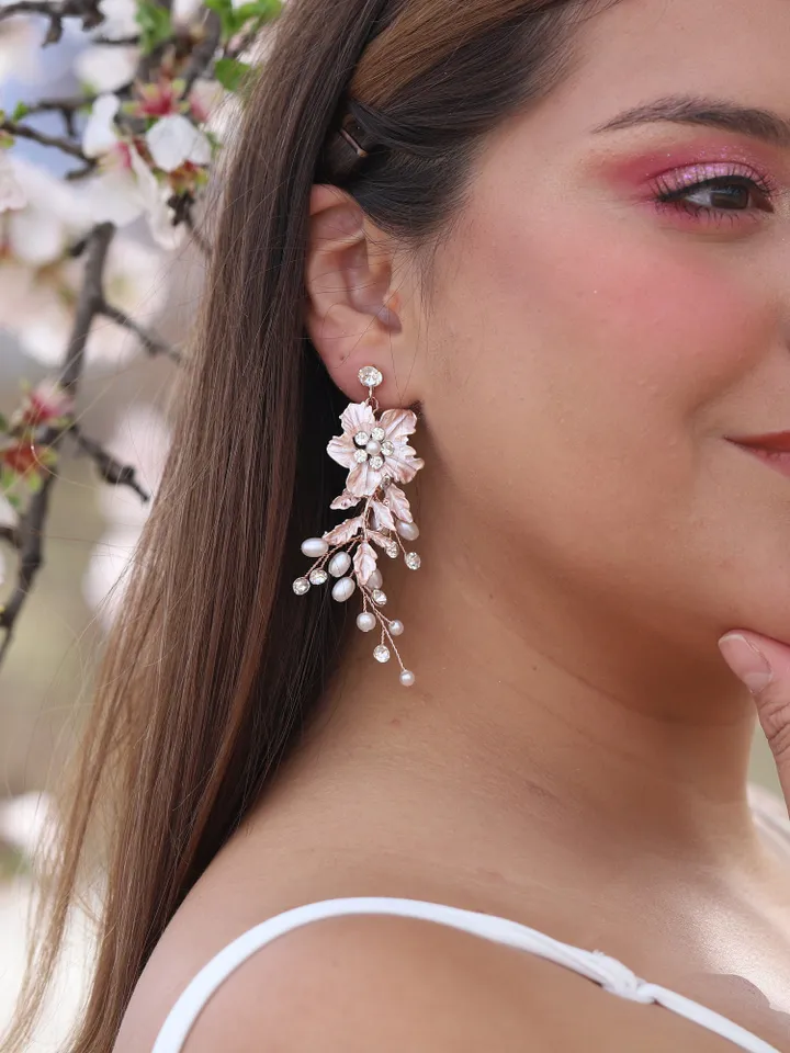 Rose Gold Flower Chandelier Boho Wedding Earrings , Floral Statement Boho Bridal Earrings, Leaf Romantic Bride Jewelry , Pearl Jewellery