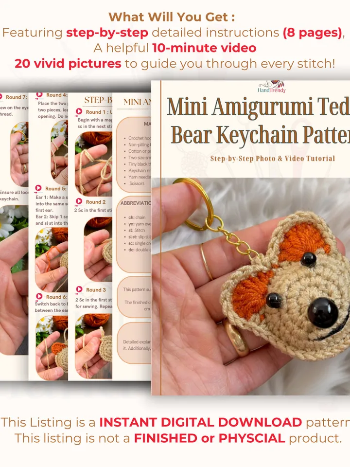 Mini Amigurumi Teddy Bear Keychain Pattern | Small Crochet Teddy Bear PDF | Cute Crochet Animal Gift for Kids