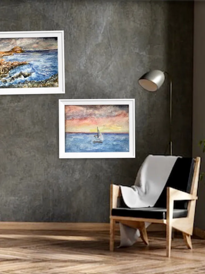 Set of 2 original watercolor seascapes, watercolour wall art,ocean,boat,sunset,rocks painting,Canarian Islands wall art,unique gifts.