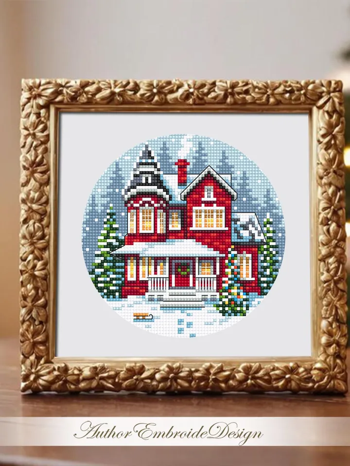Christmas red house cross stitch pattern PDF download Winter landscape cross stitch chart, Merry Christmas pattern digital PDF #N174