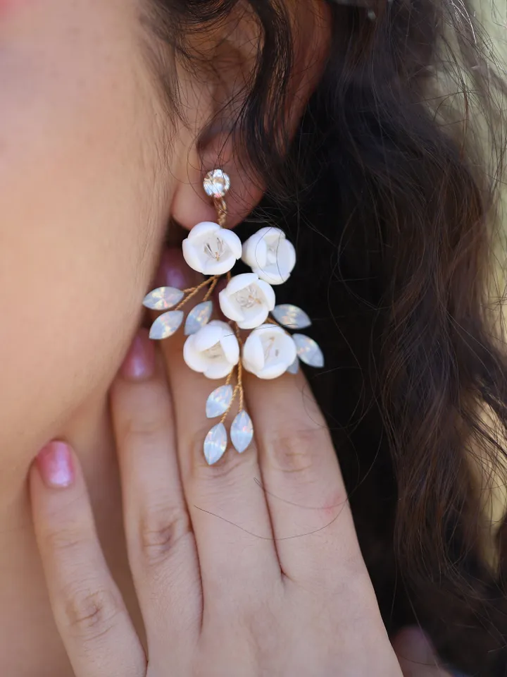 Boho Wedding Earrings, Delicate Porcelain Flower Bridal Earrings, Statement Jewelry Set, Floral Bridal Earrings, Opal Chandelier Earrings