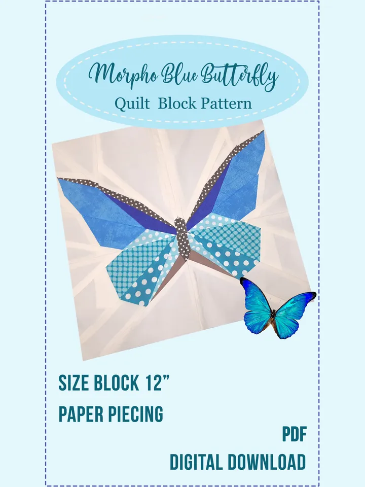Realistic Blue Morpho Butterfly Quilt Block Pattern, Butterfly Patchwork PDF, Butterfly Foundation Paper Piecing Block