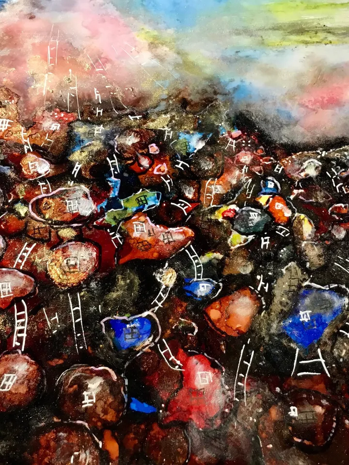 Red town fantasy unique artwork,original alcohol inks mix media painting on heavy yupo paper,fantasy wall art,home decoration.