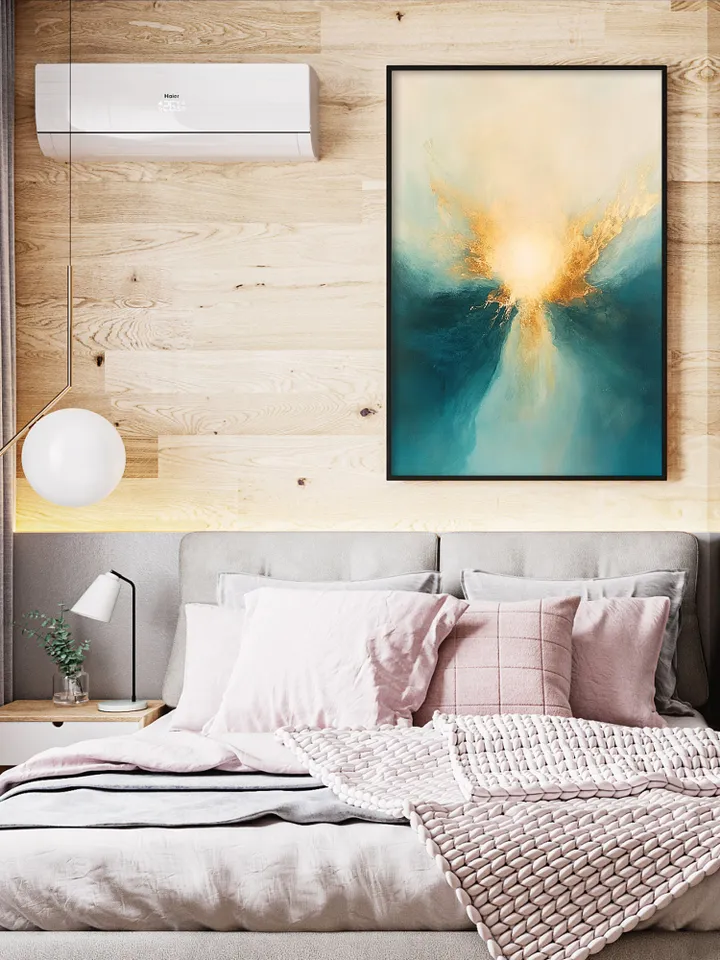 Hand-Painted Abstract Oil Painting | Modern Wall Art with Gold Accents | Stunning Blue and White Art for Living Room Home Decor