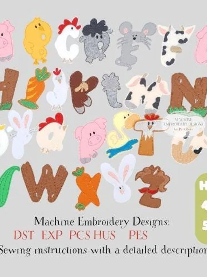 Farm Animal Alphabet ITH Embroidery Design Set (A-Z), Felt Letters Pattern, ABC Learning Toy, Preschool 4x4 Hoop File
