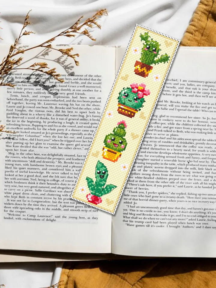 Cactus bookmark cross stitch pattern PDF download Kawaii cactus cross stitch chart, Floral bookmark pattern digital PDF, Potted plants #B342