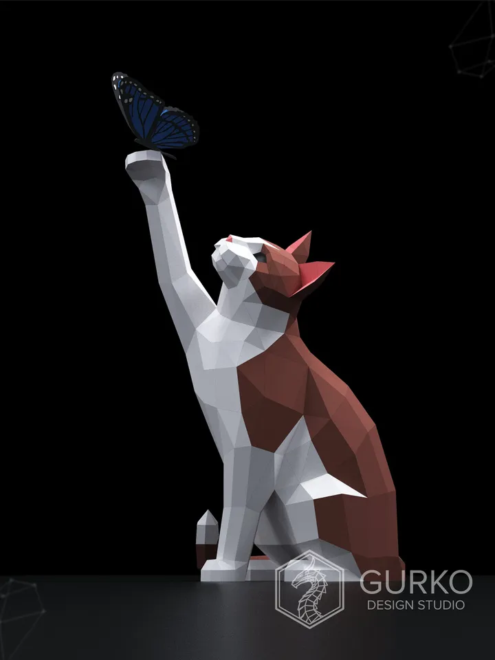 Papercraft Cat With Butterfly, Digital Template, PDF Download, Gurko, LowPoly, Pepakura, Origami Sculpture, Paper Party Decoration, DIY Gift