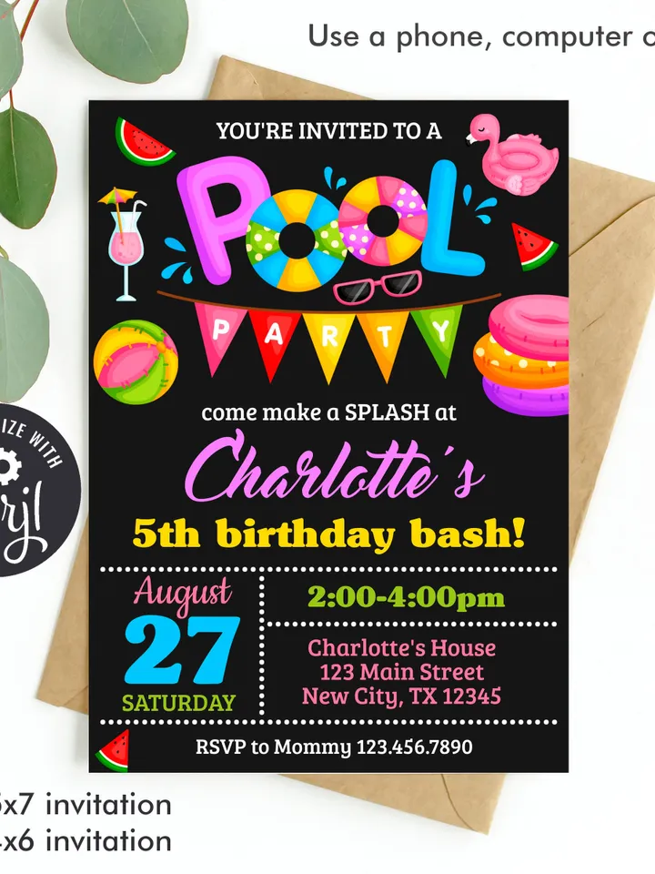 Pool Party Birthday Invitation Girl, Pool Party Invitation Instant Download, Swimming Party Invite, Editable Template