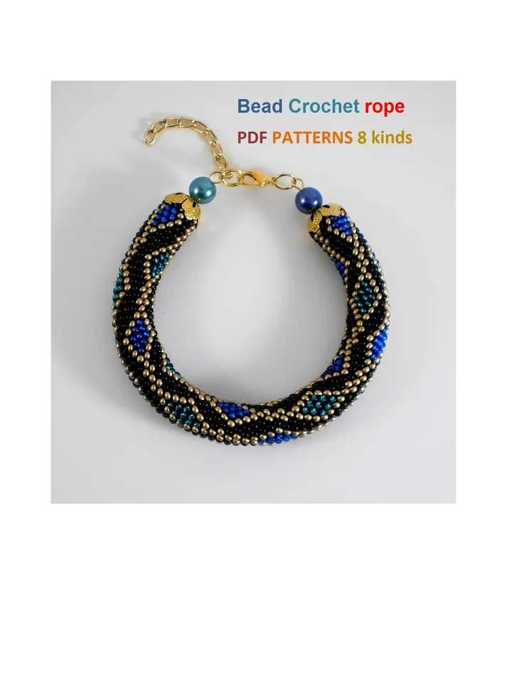 Bead crochet rope patterns «Chain» necklace and bracelet, 8 kinds, Instant Download, Pdf fail