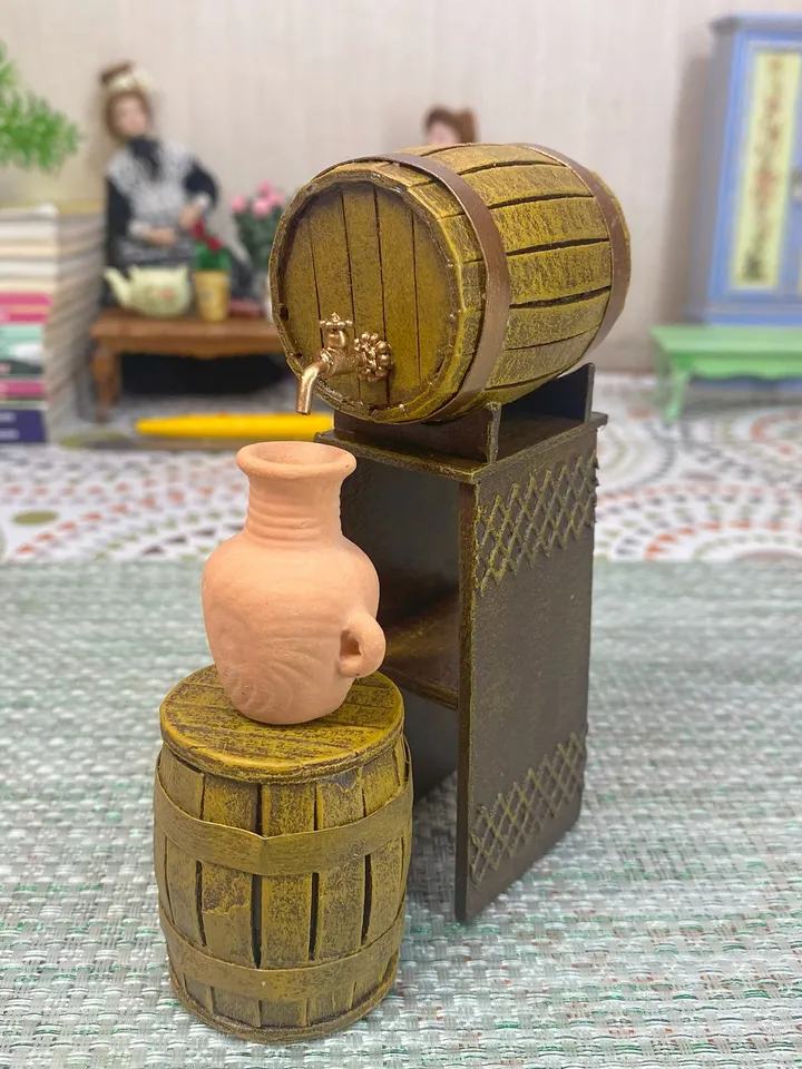 Wine set. Barrel with wine. Barrel. Puppet miniature. 1:12. Doll accessories.