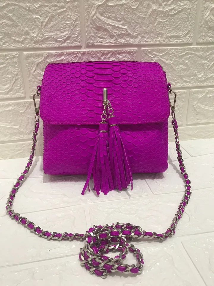 Genuine Python Skin Crossbody Bag | Chain Tassel hot pink bag | Leather Woman Free Shipping Handmade Summer purse | exotic leather bag