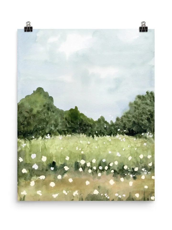 Wildflowers Landscape, Watercolor Painting Print, Meadow Wall Art, French Country Print, Field Painting, Rustic Home Decor,Flowers Landscape