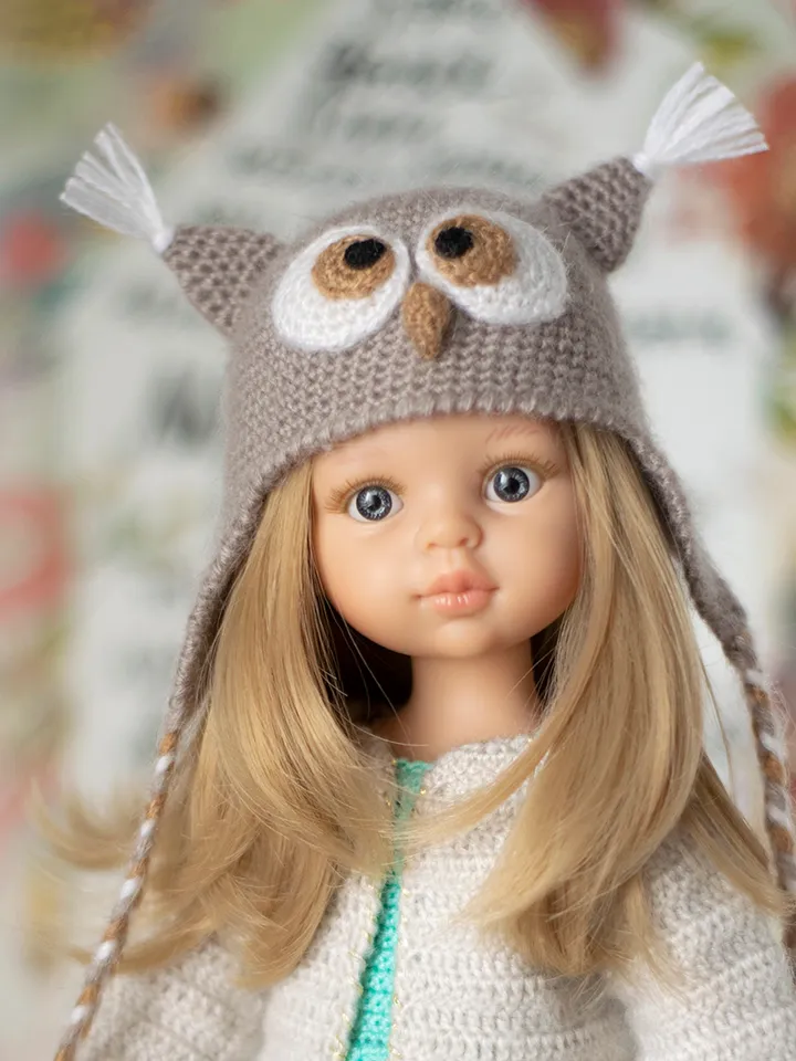Owl hat for Paola Reina doll, Dumplings, Little Darling, Siblies RRFF for Halloween, animals hat with ears for doll