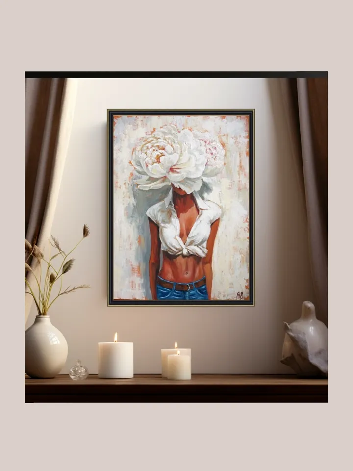 Original Oil Painting Portrait of a Girl With Flowers Woman Wthout Face With Peony Work of Art