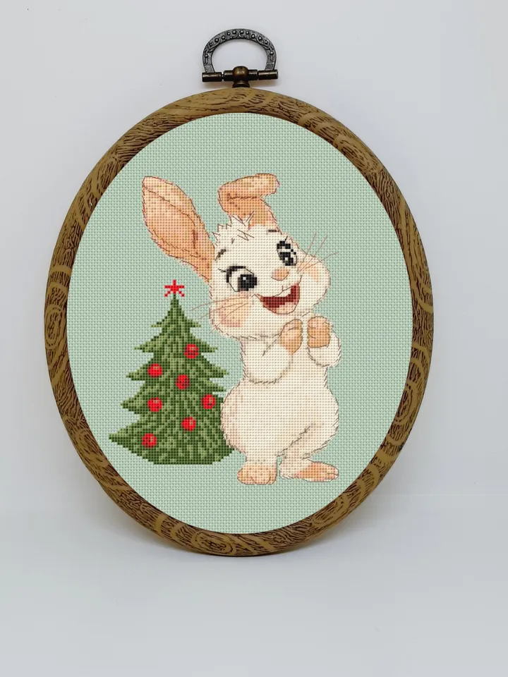 Christmas bunny cross stitch pattern pdf, Rabbit embroidery DIY