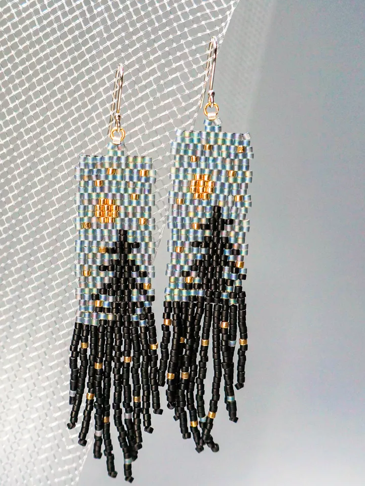 Trees-Patterned grey sky at night Japanese Bead and sterling Silver Earrings: A Fusion of Elegance and Nature