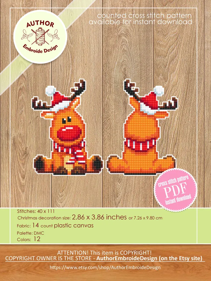 Christmas reindeer cross stitch pattern PDF download Double-sided Christmas tree decor for plastic canvas Small deer cross stitch chart #N99