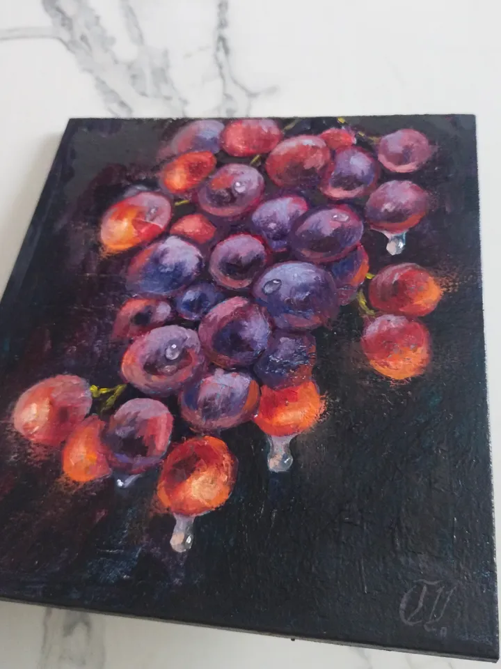 Original Grape oil painting, Lucent Fruit miniature art, Small fine art on panel