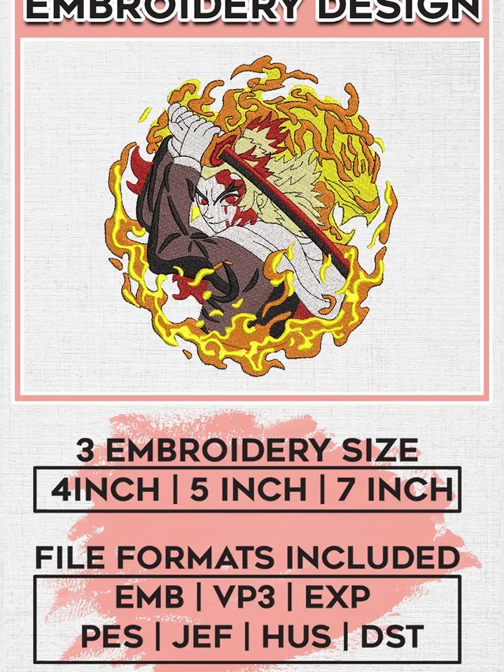 Kimetsu no Yaiba Embroidery Files/Kyojuro Rengoku Embroidery Design/ Demon Slayer/ Anime Inspired Embroidery Design, Machine Embroidery Design EMB_ANIME_286