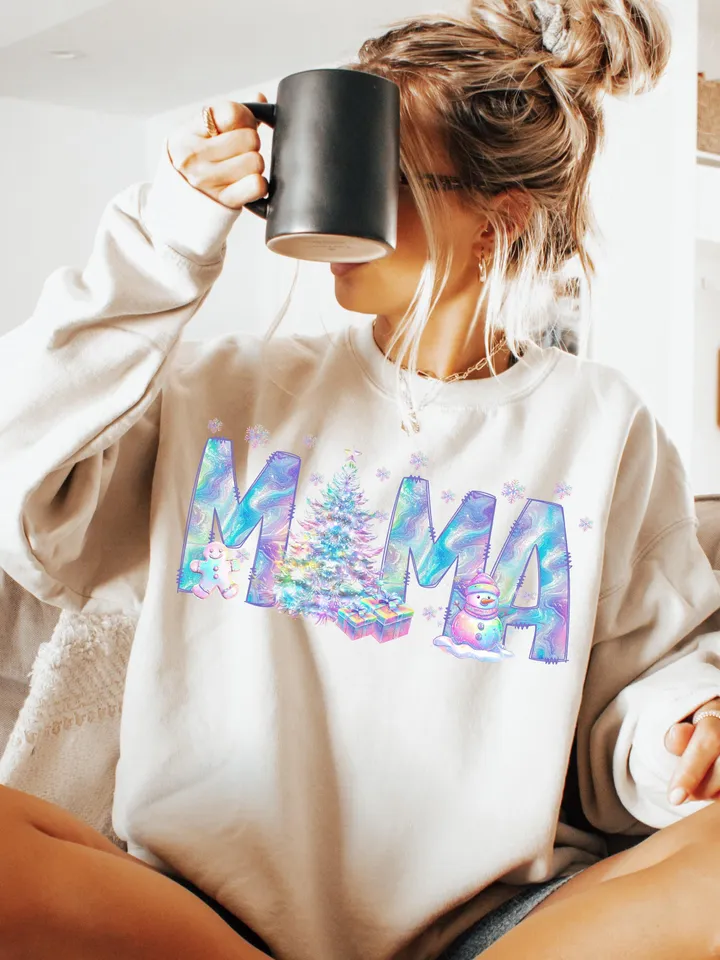 Iridescent Neon Christmas Mama Shirt Sublimation Christmas PNG Mama PNG Christmas Lights Sparkly PNG Neon Christmas png