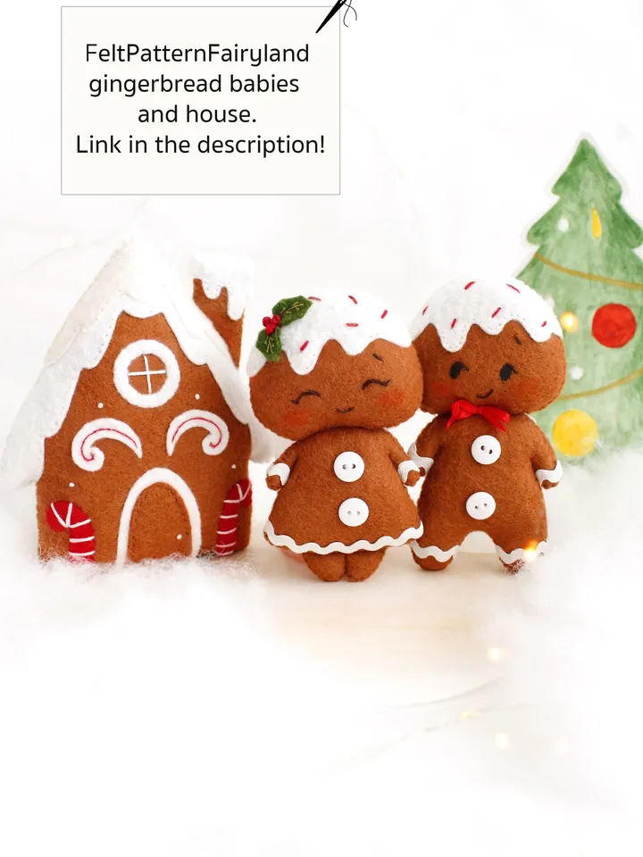Felt gingerbread house hand sewing PDF tutorial with patterns. Christmas tree ornament. Soft toy pattern