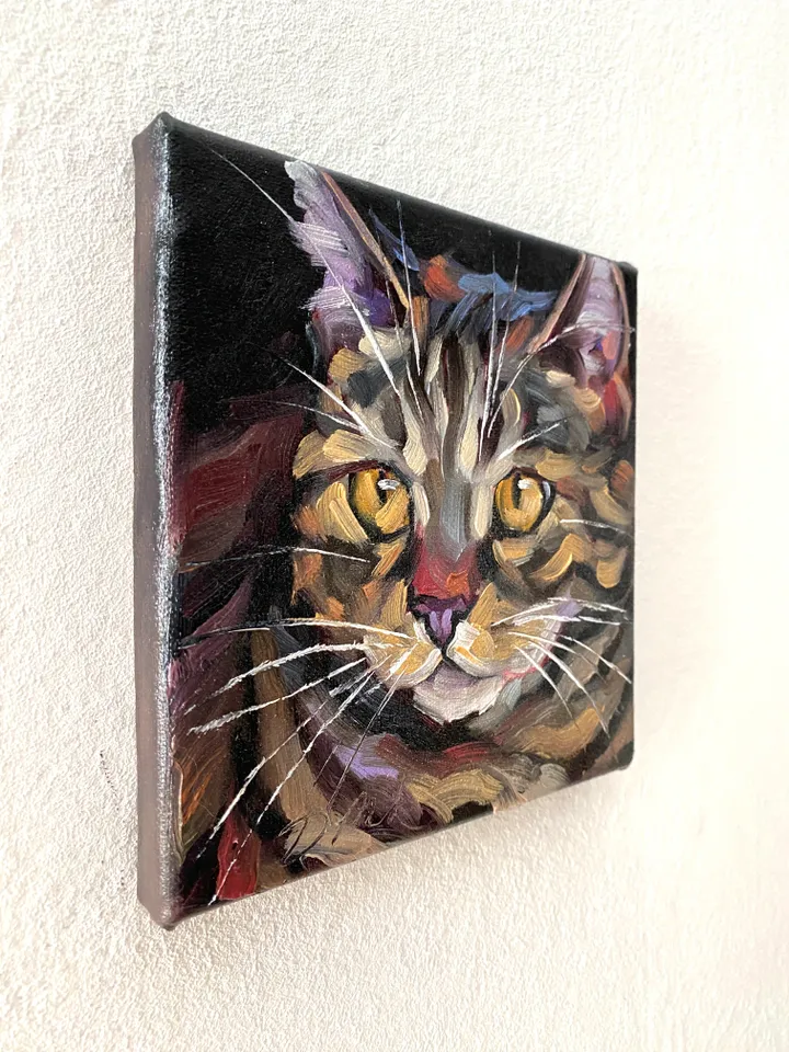 Cat Portrait Painting Original Pet Artwork Oil Canvas 6x6" Animal Wall Art Kitten Painting