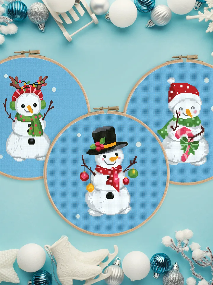 Christmas Snowman bundle of 8 cross stitch pattern, Xmas Snowflake, Holiday Décor, counted, chart, gift DIY, embroidery, instant PDF