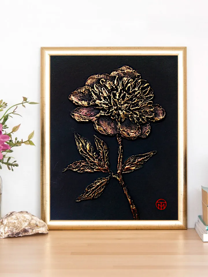 Peony Painting Textured Original Art Bas Relief Small Flower Painting Floral Black Gold Wall Art 8"x 6" By Colibri Art